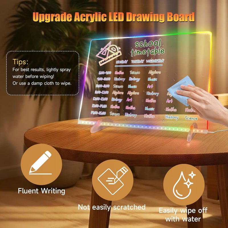 EKSPRINT LED Note Board with Colors-Light Up Acrylic Dry Erase Board with 6 Modes & 8 Colors,13.7"X10" Include 7 Markers, Hanging Chain, Battery Case, Led Writing Board with Battery Pack for Home/Office/Decor - Image 4